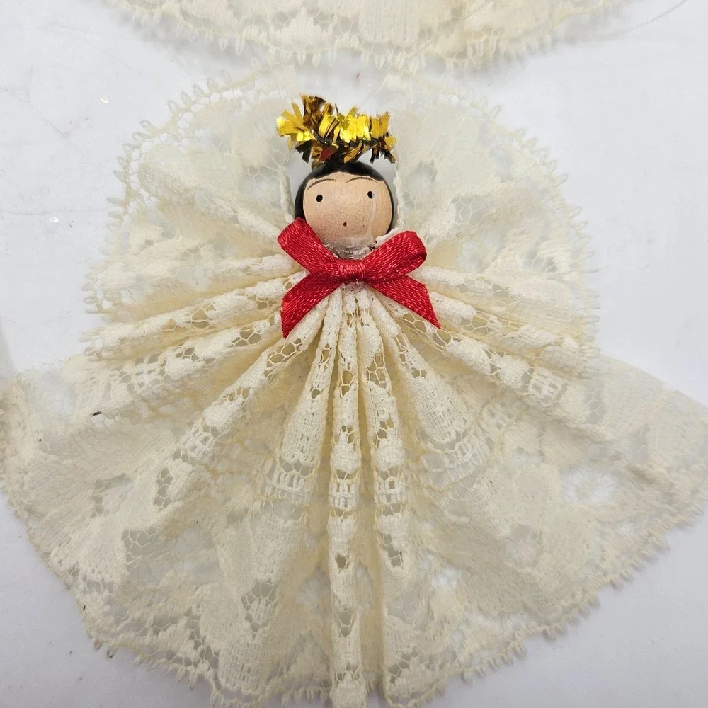 Vintage Handmade Lace Angel Christmas Ornaments Lot of 4 Wood Bead Faces